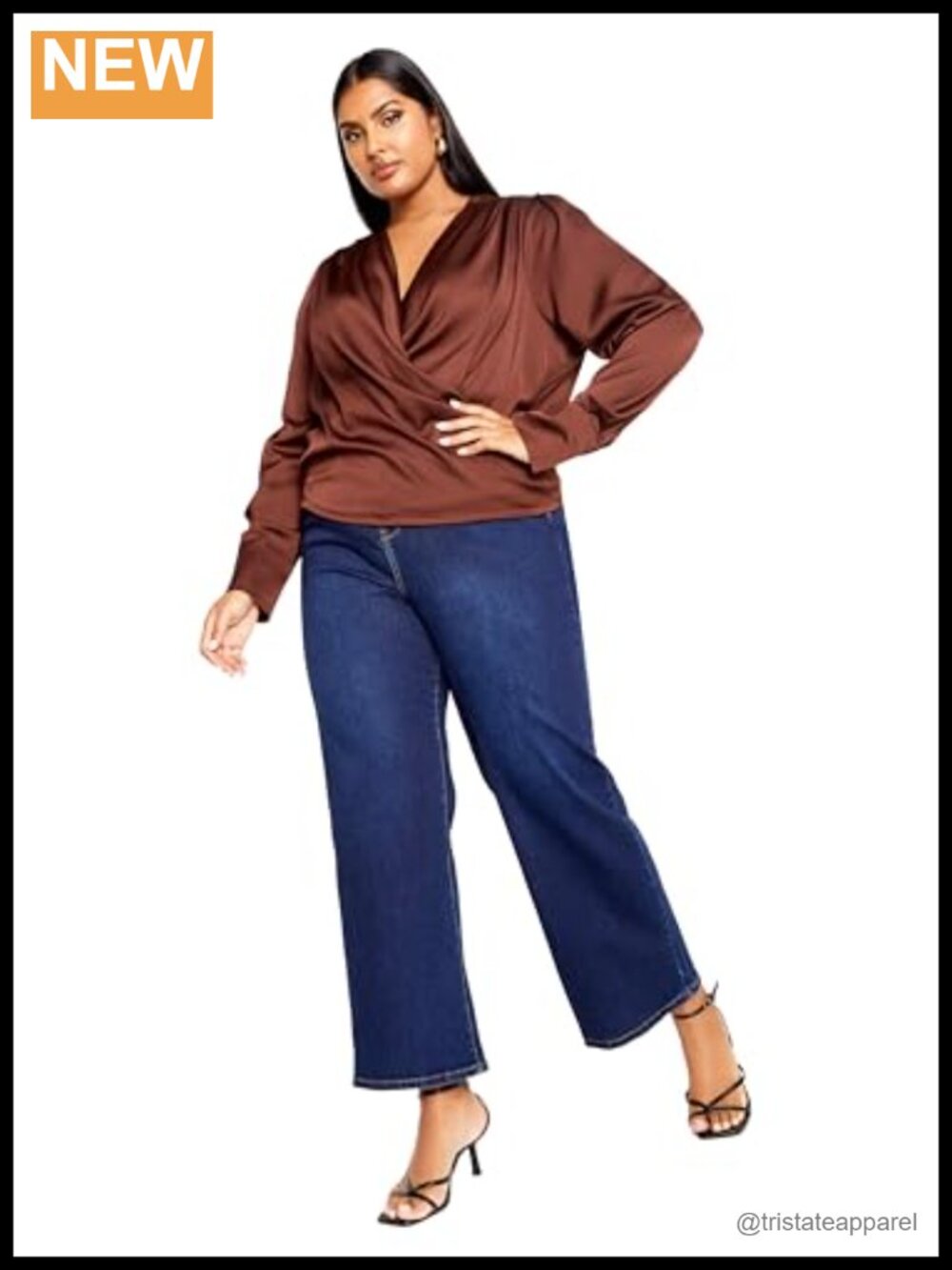 Plus Size Faux Wrap V-Neck Long Sleeve Blouse Mocha